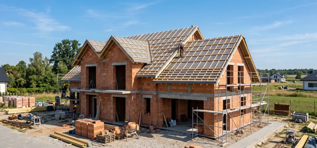 Proces budowy domu murowanego w stanie surowym otwartym przez profesjonalną ekipę budowlaną na placu budowy.
