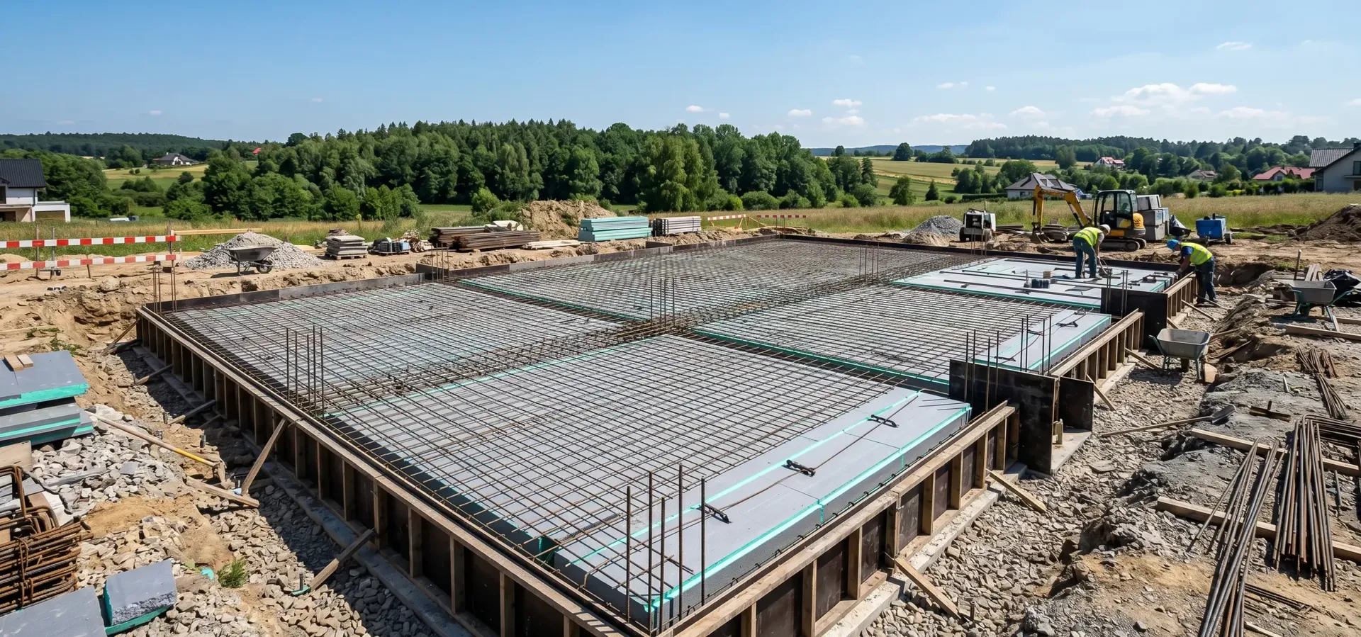 Szalunki i zbrojenie płyty fundamentowej na placu budowy nowoczesnego domu tradycyjnego.