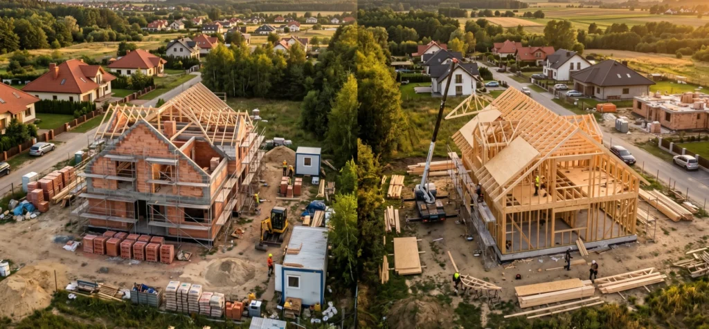 Porównanie dwóch placów budowy: po lewej tradycyjny dom murowany z cegły z rusztowaniami, po prawej dom szkieletowy drewniany w trakcie montażu – ilustracja porównania technologii i czasu budowy domu jednorodzinnego