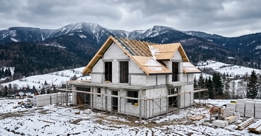 Nowoczesny dom jednorodzinny z bloczków betonu komórkowego Ytong w trakcie budowy na tle Beskidów w okolicach Bielska-Białej – przykład energooszczędnego budownictwa murowanego w klimacie górskim