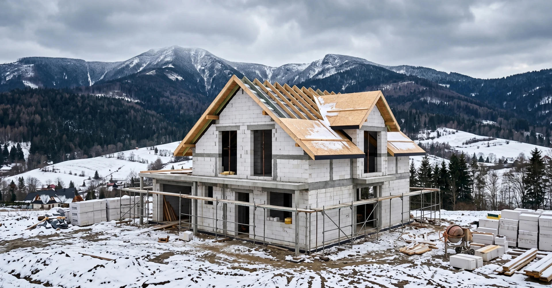 Nowoczesny dom jednorodzinny z bloczków betonu komórkowego Ytong w trakcie budowy na tle Beskidów w okolicach Bielska-Białej – przykład energooszczędnego budownictwa murowanego w klimacie górskim