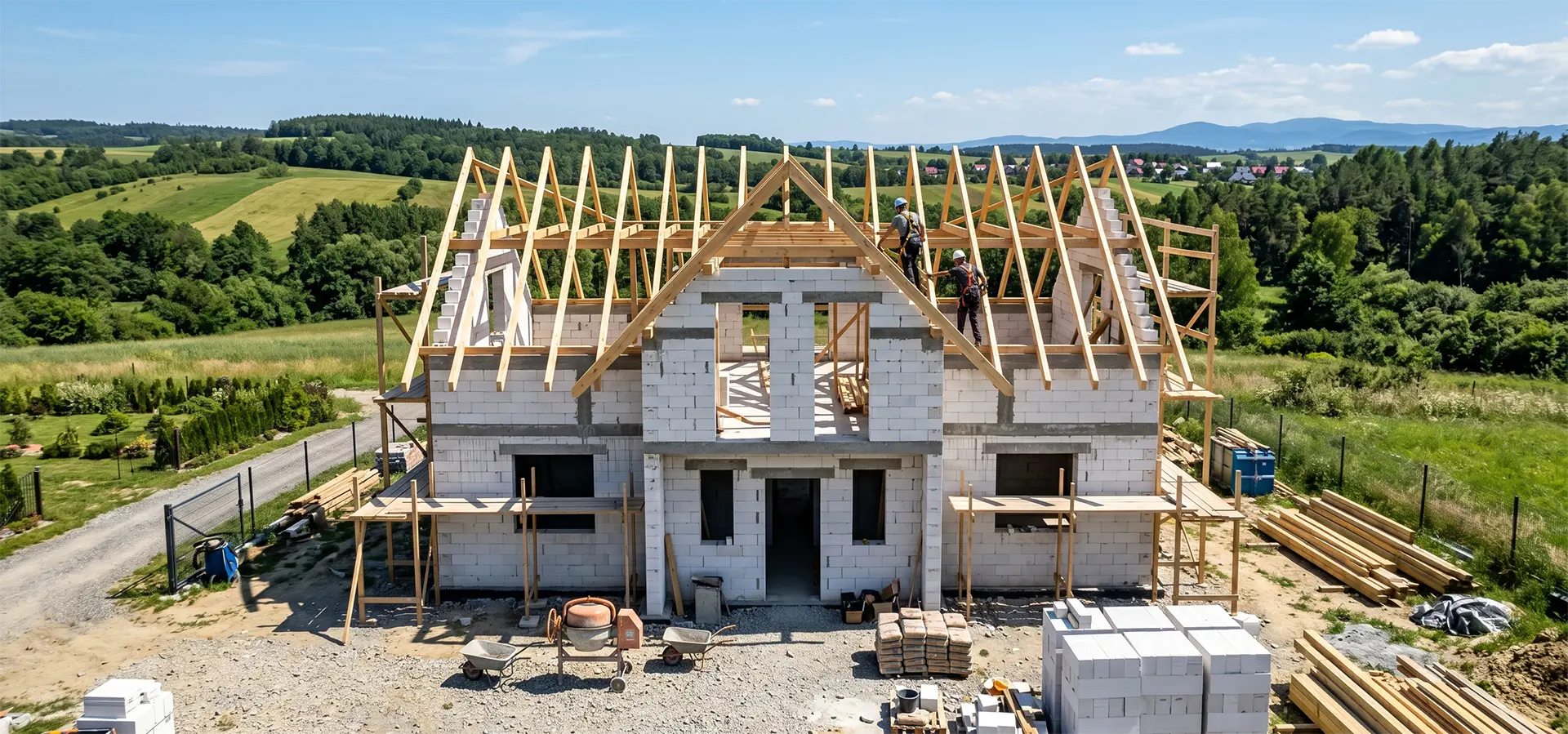 Budowa nowoczesnego domu murowanego typu stodoła (modern farmhouse) z bloczków betonu komórkowego, więźba dachowa.