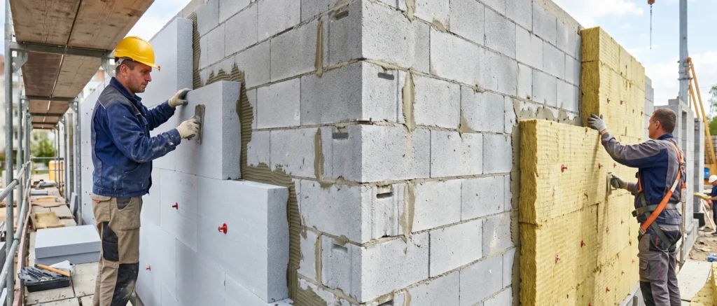 Porównanie dwóch systemów ocieplenia elewacji domu z betonu komórkowego – po lewej styropian EPS grafitowy, po prawej wełna mineralna lamelowa – montaż systemu ETICS na ścianie z bloczków gazbetonowych