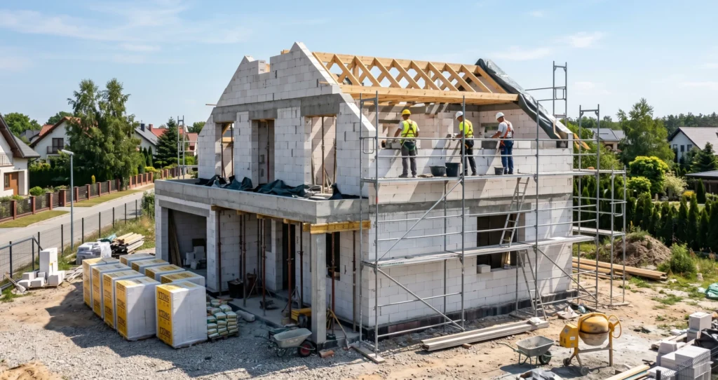 Nowoczesny dom jednorodzinny 100 mkw w trakcie budowy z betonu komórkowego Ytong – plac budowy z widocznym murowaniem ścian zewnętrznych i rusztowaniami, ilustracja kosztorysu budowy domu w 2026 roku