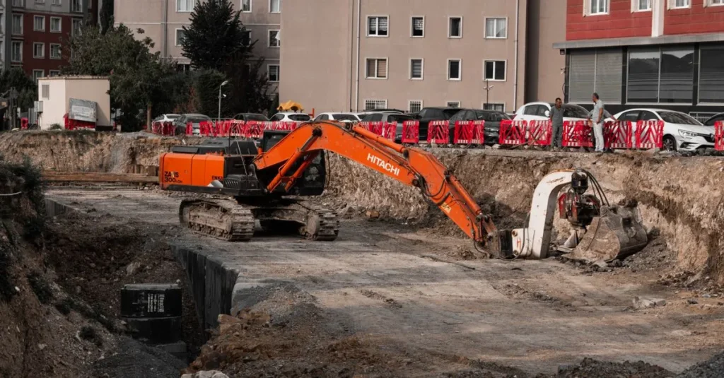 Działka budowlana po rozpoczęciu robót ziemnych i wytyczeniu fundamentów