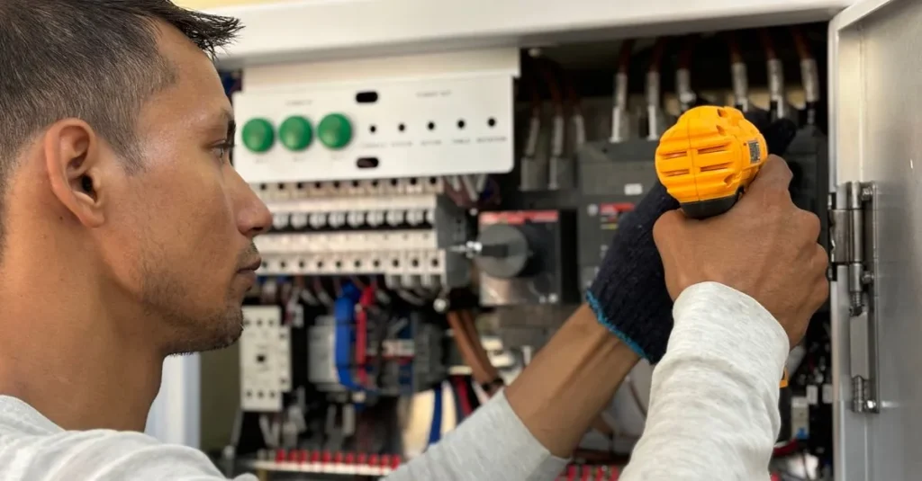 Elektryk montujący rozdzielnię elektryczną w nowym domu jednorodzinnym