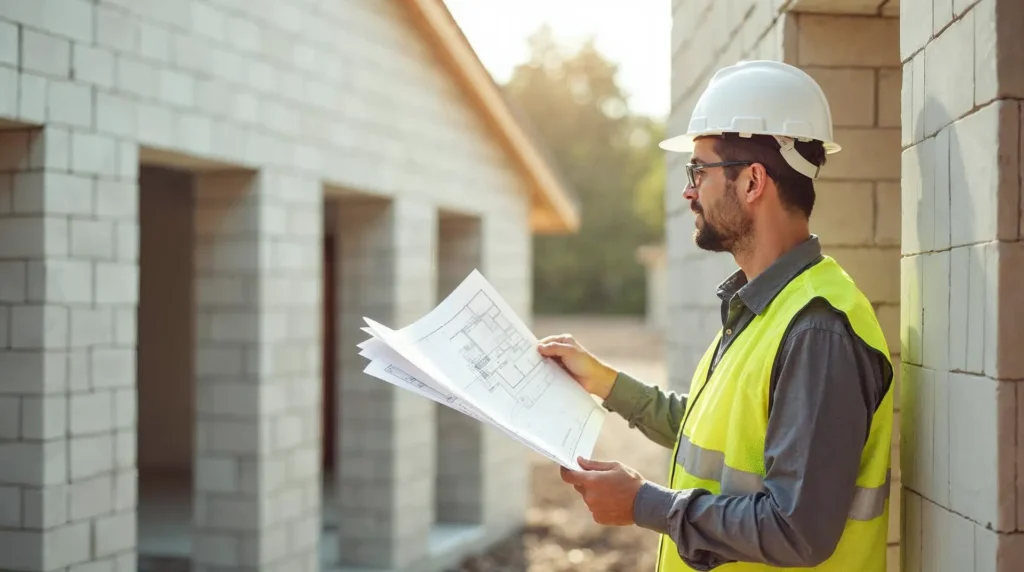 Home 5 Mężczyzna w kasku przeglądający projekt domu na tle wznoszonych ścian z białego betonu komórkowego w świetle słonecznym