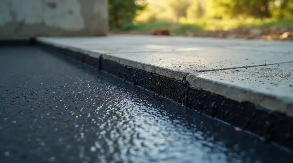 Zbliżenie na czarną, profilowaną folię kubełkową ułożoną na zaizolowanej ścianie fundamentowej budynku.