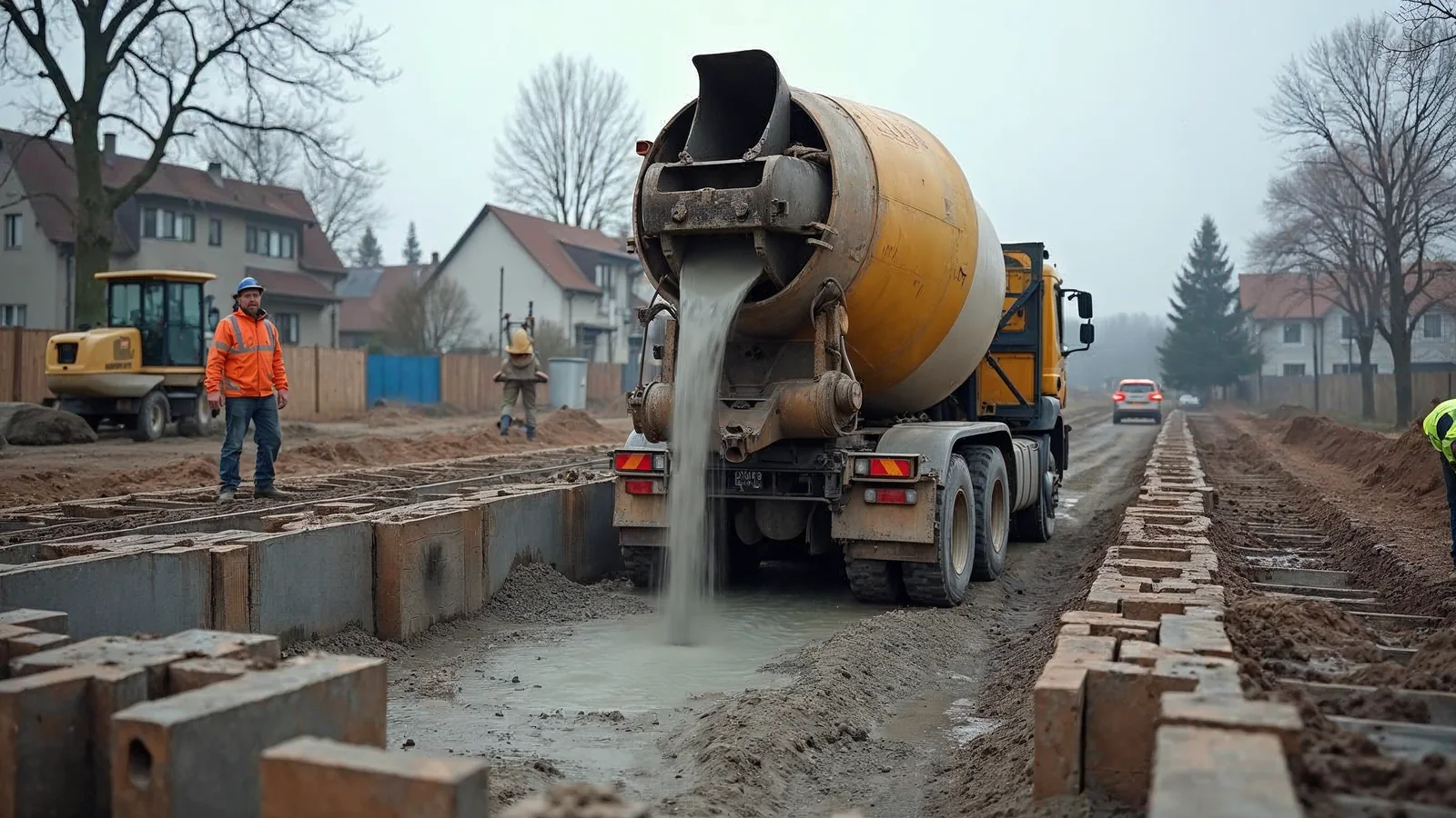 Zbrojenie fundamentów — co to jest? 1 Betonowanie fundamentu z pompy — wylewanie mieszanki do szalunku