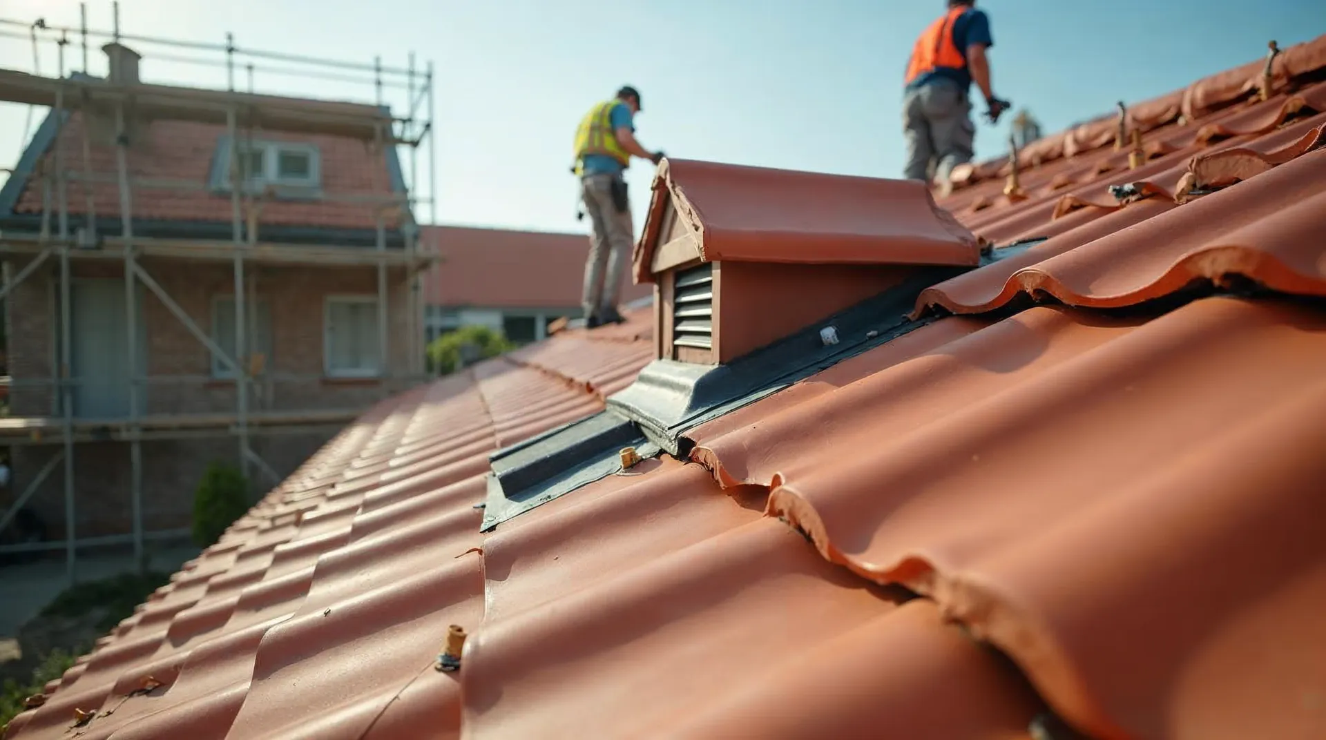 Bliski plan połaci dachu domu z dachówką ceramiczną, widoczne taśmy i wywietrzniki kalenicowe w słoneczny dzień