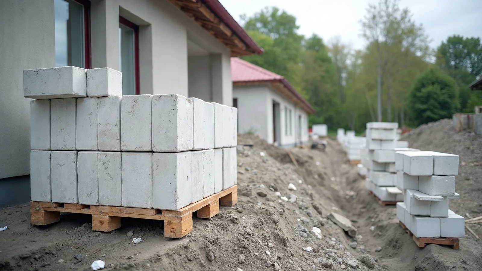 Beton komórkowy Ytong vs ceramika Porotherm vs silikat – co wybrać do budowy domu? 2 Bloczki i pustaki składowane na placu budowy