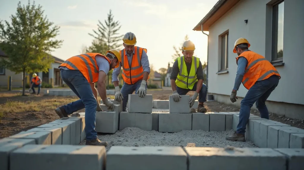 Dom pod klucz w Czechowicach-Dziedzicach – ile kosztuje i jak szybko powstaje? 1 Czterech budowlańców układa bloczki Ytong na ścianie domu jednorodzinnego na przedmieściach o świcie