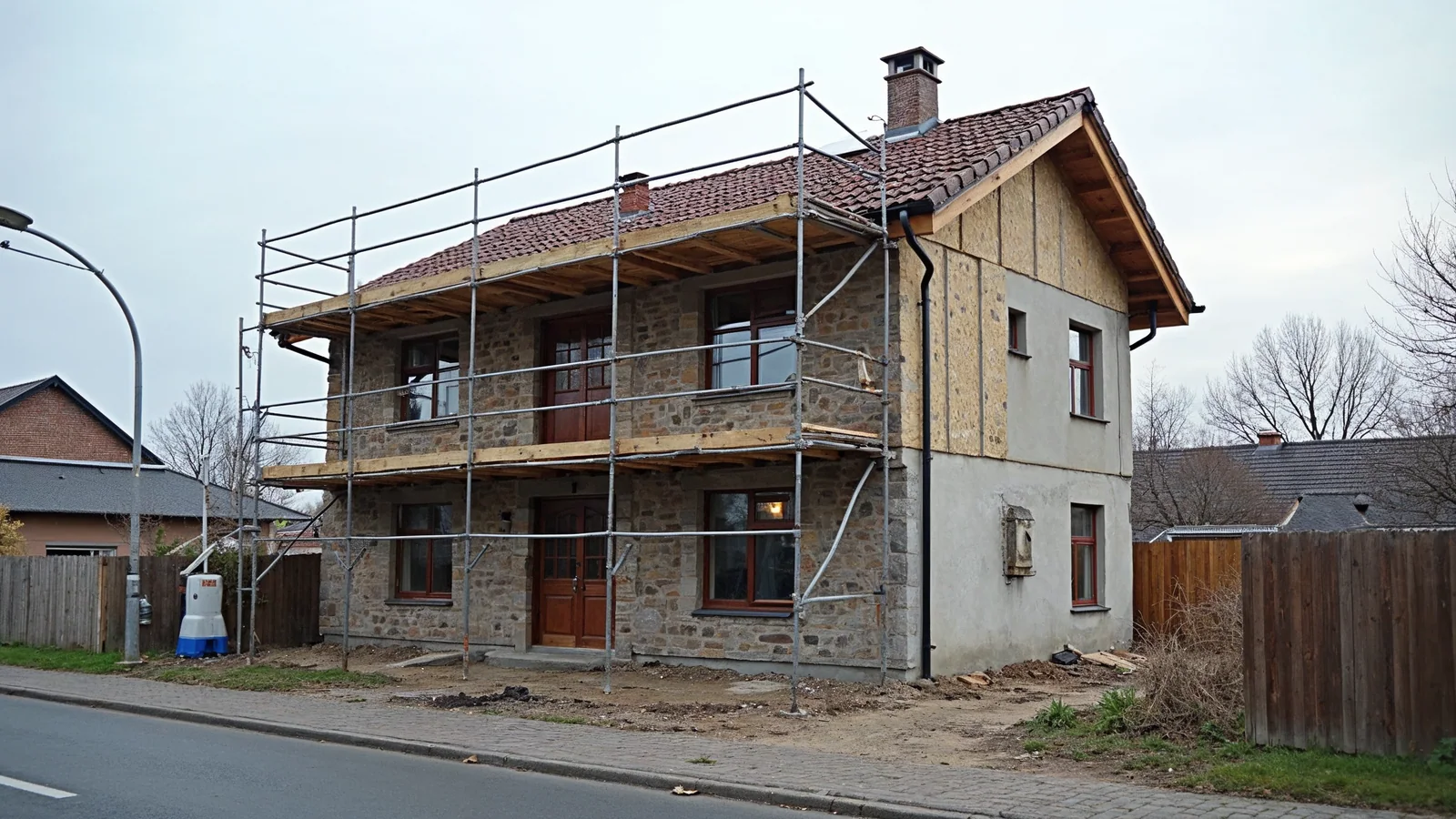 Bezpłatna wycena budowy domu – jak wygląda proces krok po kroku w Dobry-Dom? 2 Dom murowany w budowie widziany od ulicy