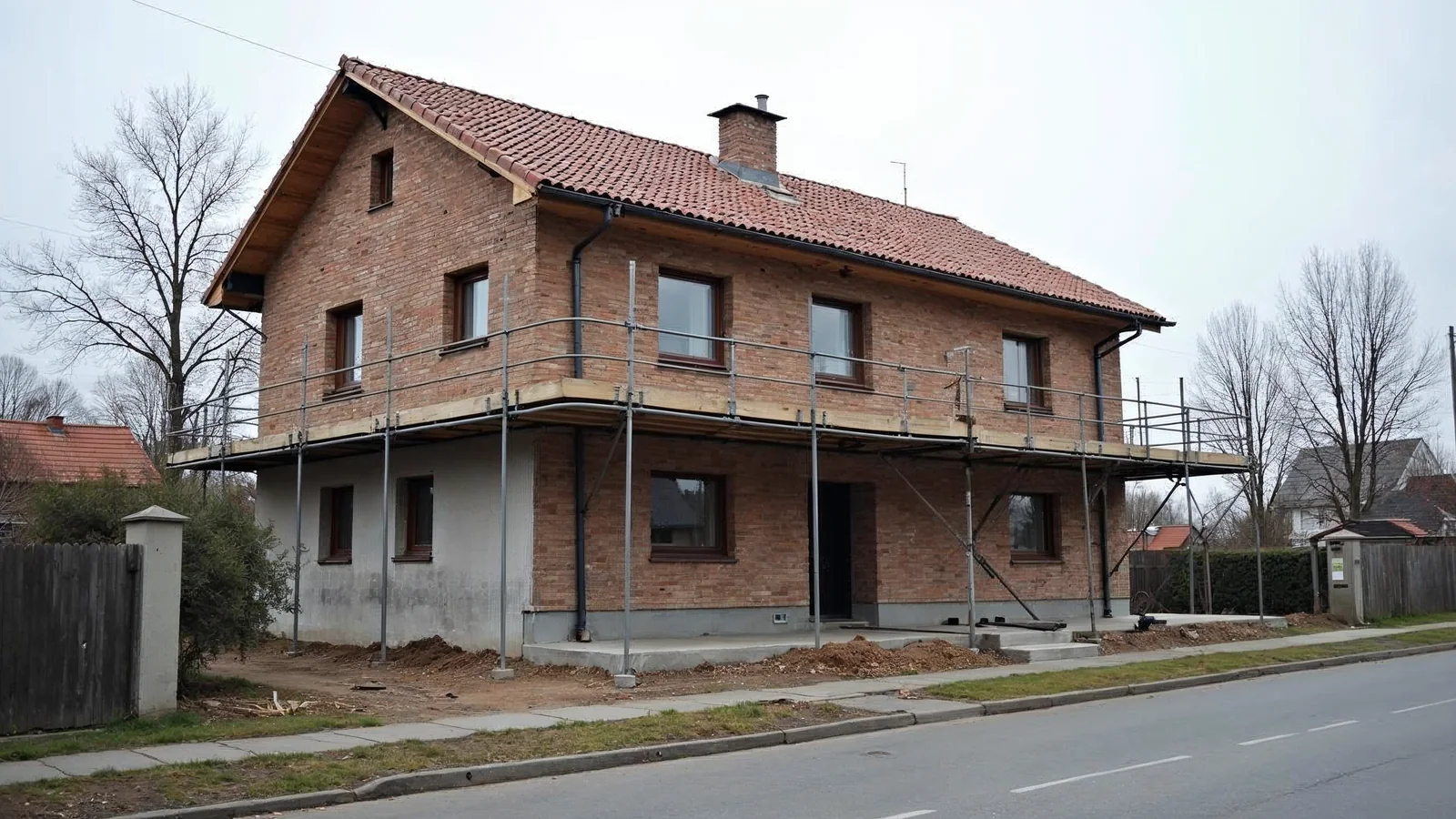 Dom murowany w budowie widziany od ulicy