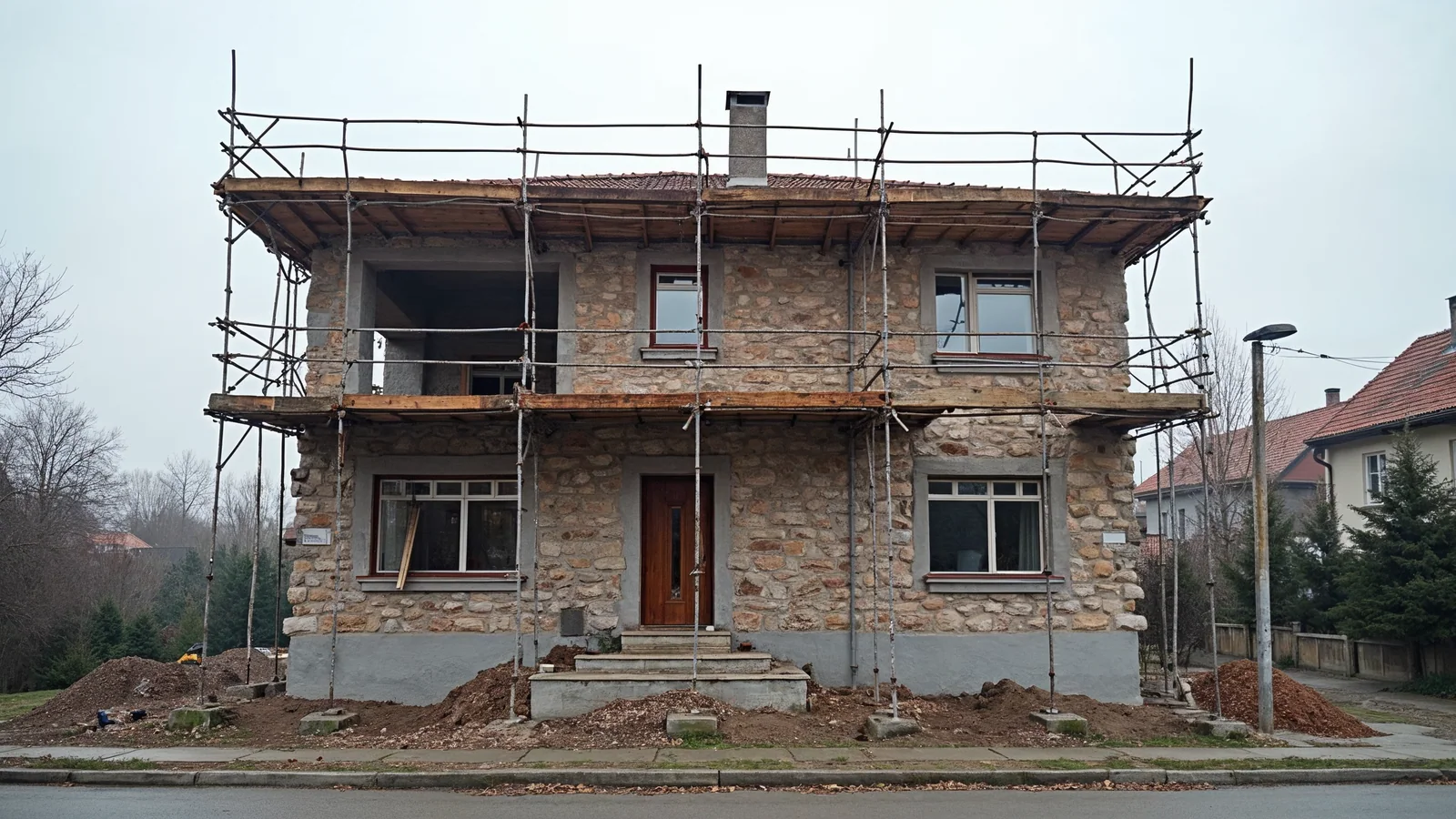Dom murowany w budowie widziany od ulicy