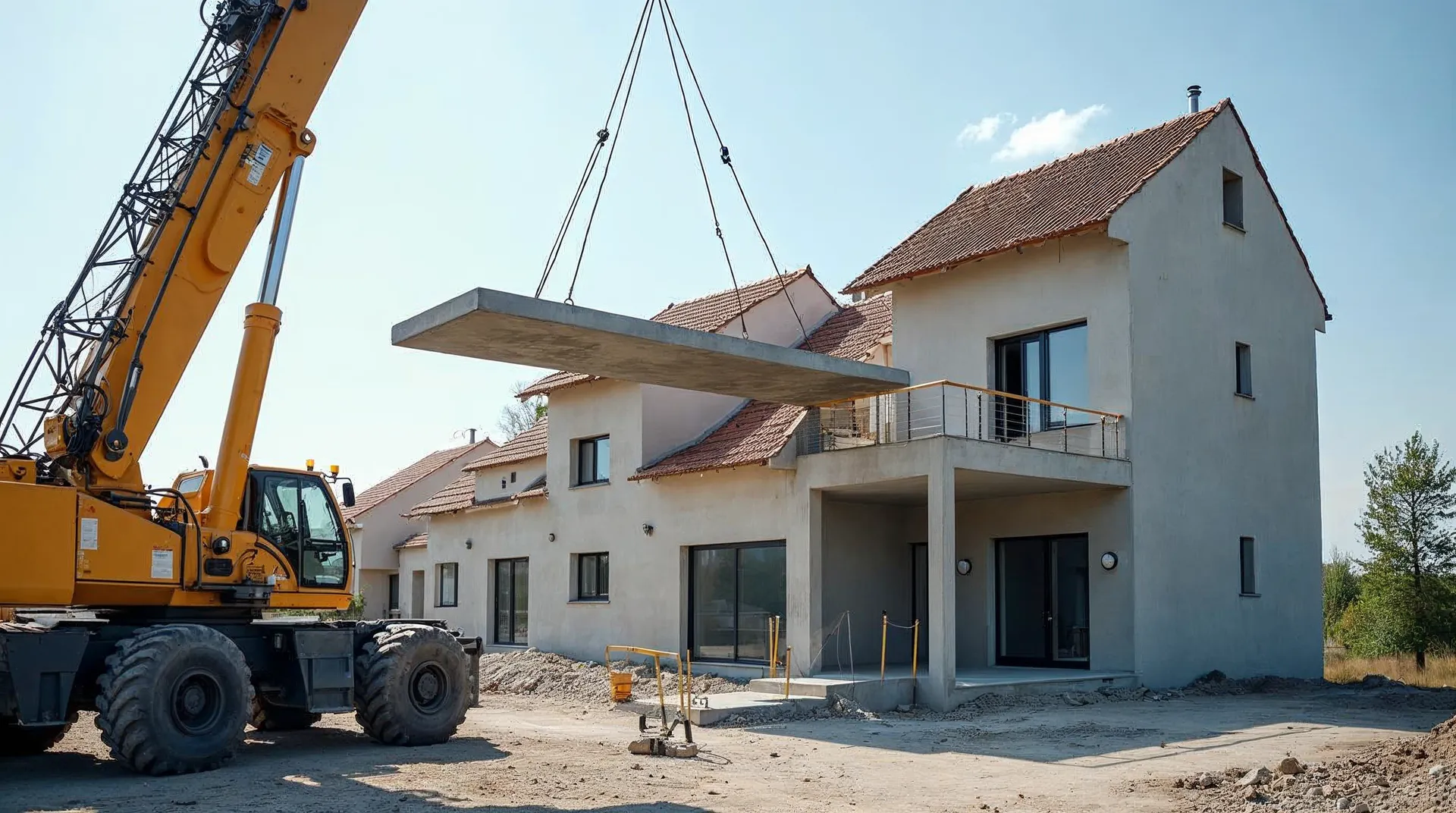 Dźwig samochodowy montuje płytę stropową Filigran na ścianach wznoszonego domu jednorodzinnego.