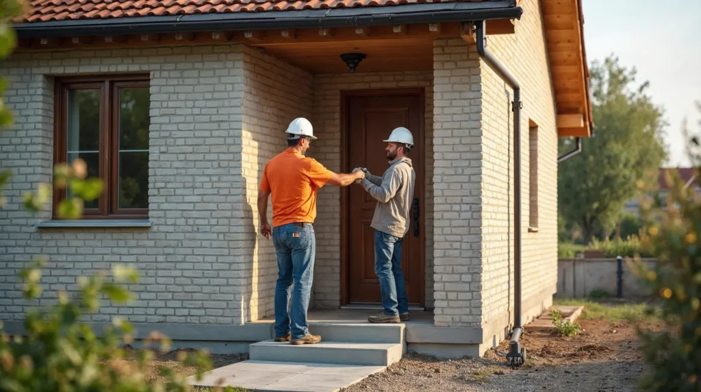 Home 5 Ekipa budowlana montuje drzwi wejściowe w nowym domu murowanym na osiedlu w Czechowicach-Dziedzicach, zdjęcie z przodu budynk