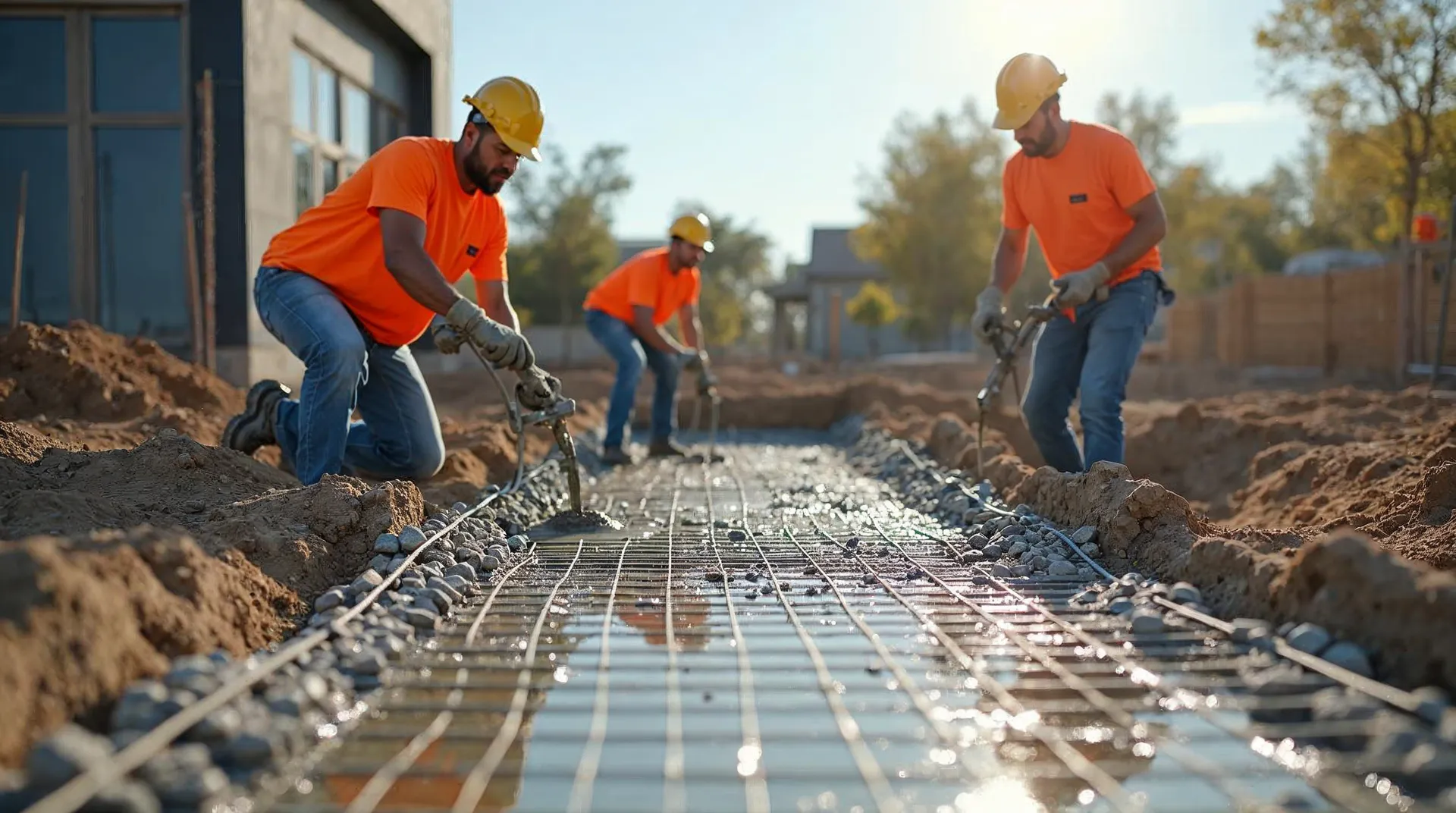 Ekipa budowlana wylewająca beton na przygotowane zbrojenie stropu na placu budowy w słoneczny dzień.
