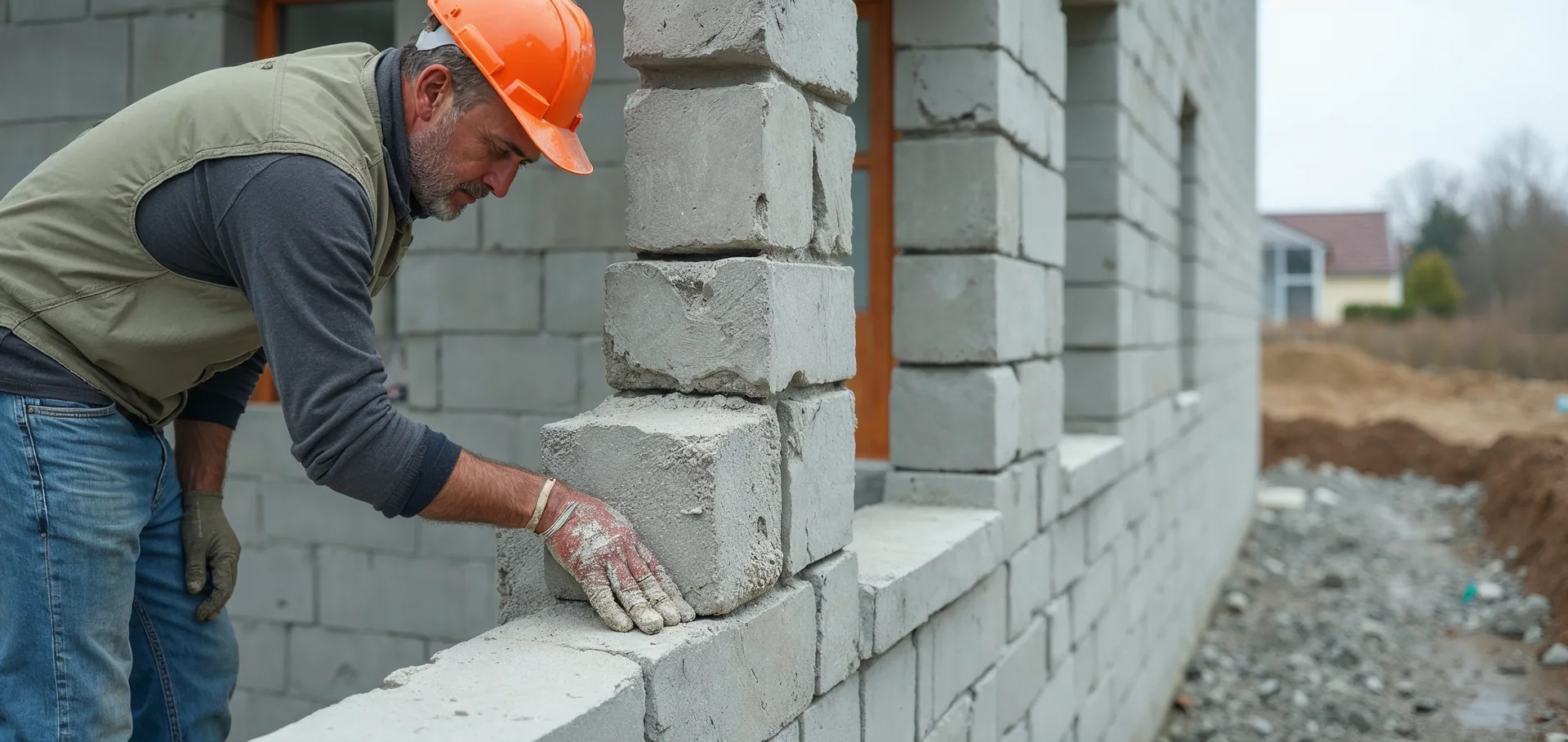 Murarz układa bloczki na zaprawie cienkowarstwowej