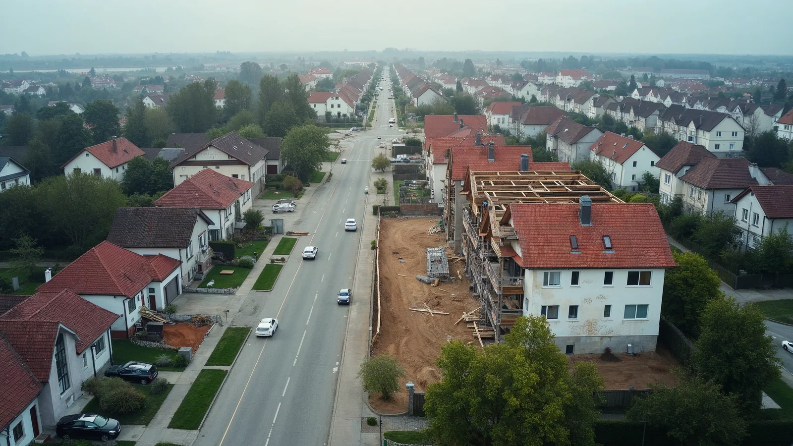 Domy na Śląsku: dlaczego technologia murowana wciąż wygrywa u inwestorów? 2 Osiedle domów jednorodzinnych z lotu ptaka