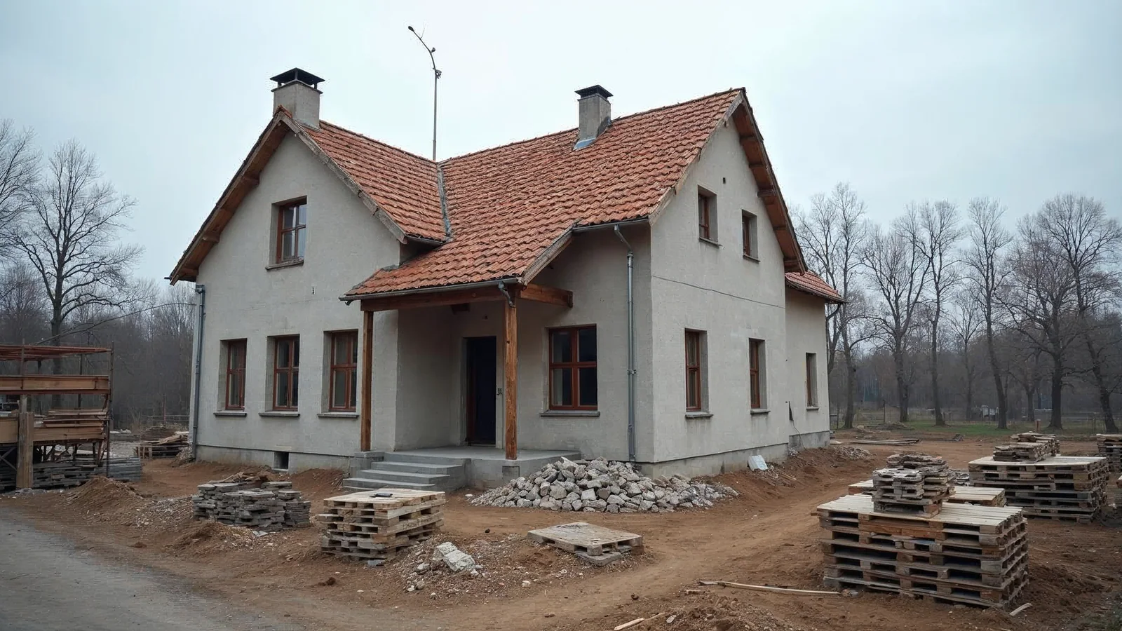Plac budowy domu murowanego z rusztowaniem
