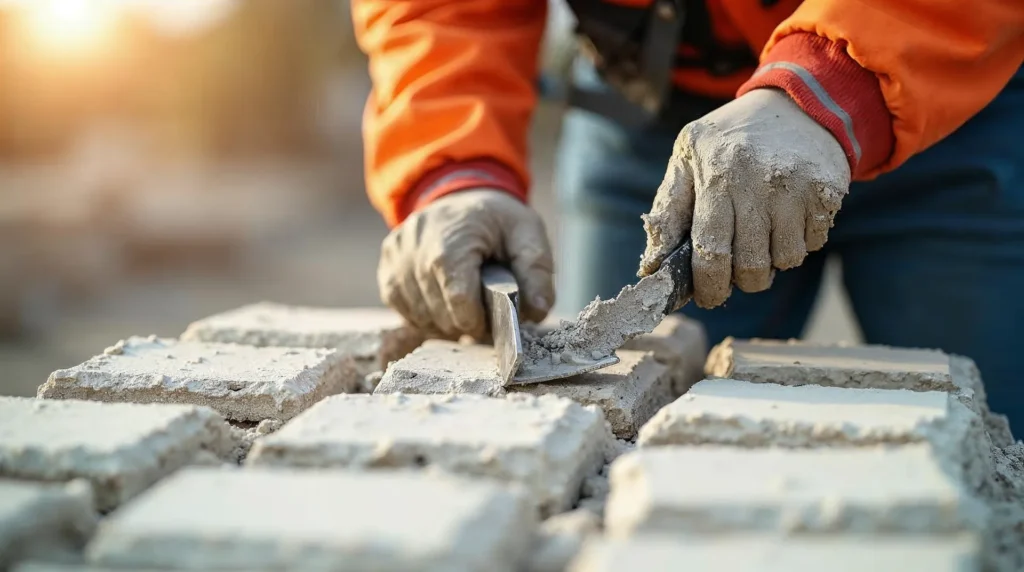 Precyzyjne nakładanie zaprawy cienkowarstwowej na bloczki betonowe Ytong przez fachowca z użyciem specjalistycznego narzędzia.