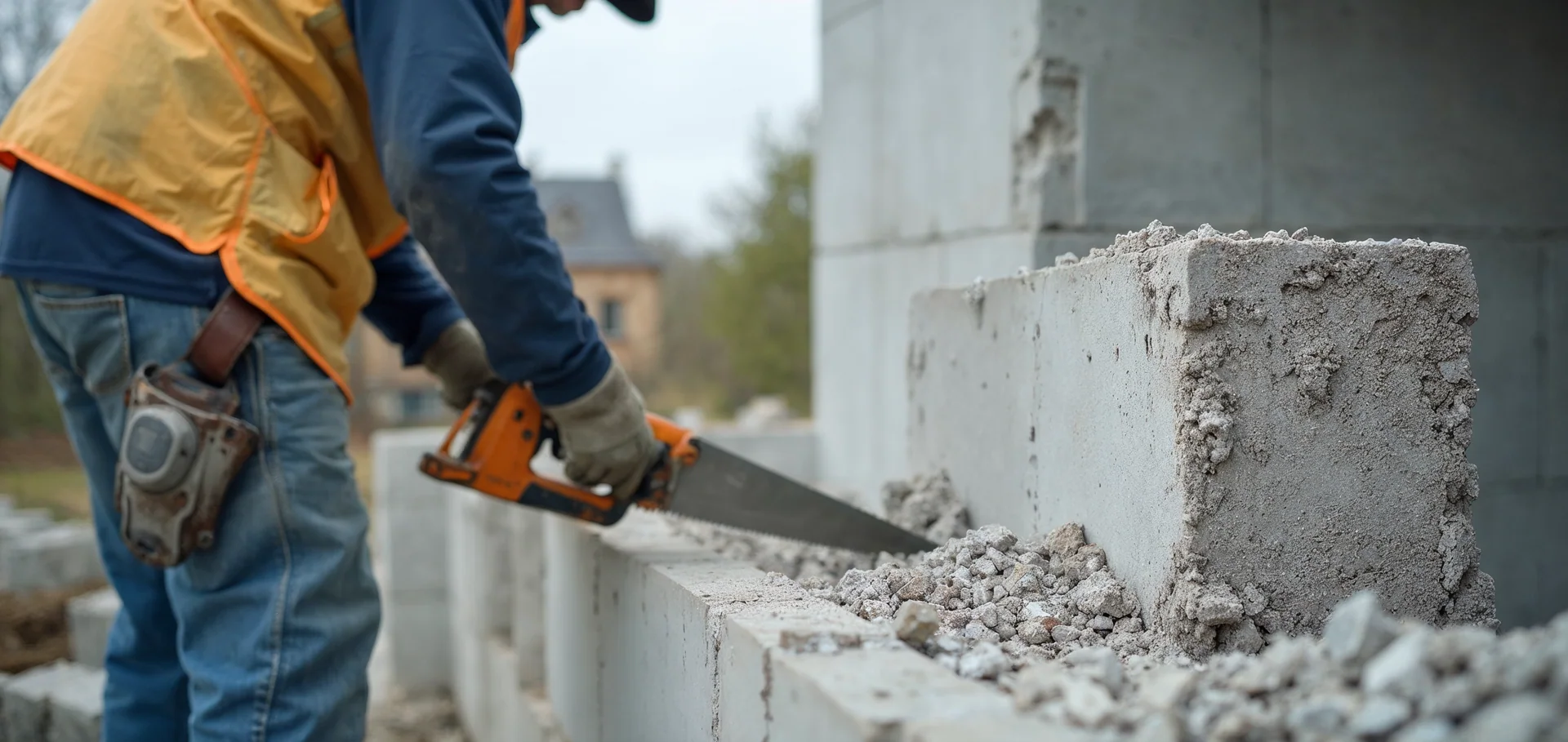 Przycinanie bloczka z betonu komórkowego na budowie