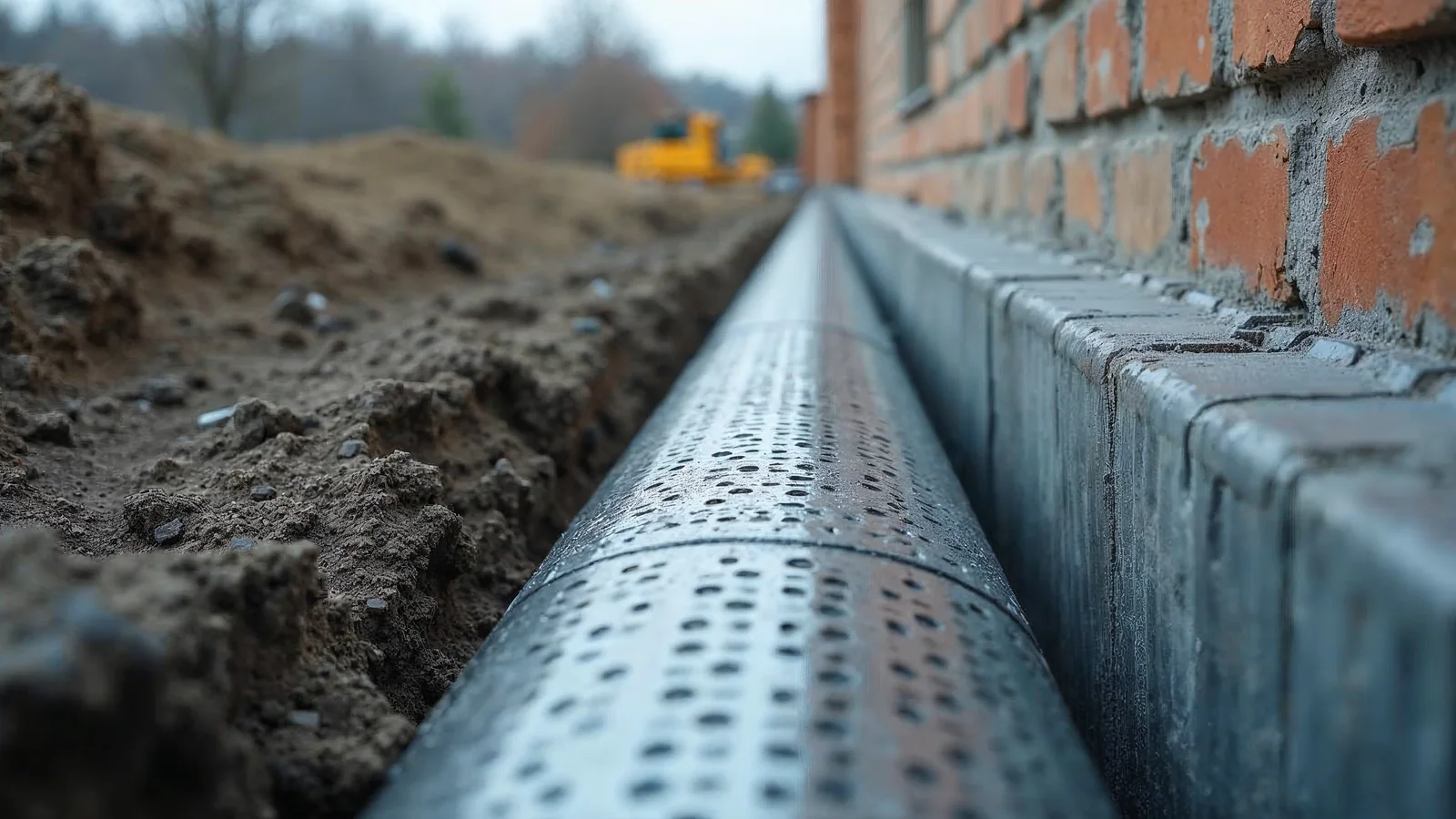 Drenaż opaskowy — co to jest? 1 Rura drenażowa ułożona w żwirze wzdłuż fundamentu