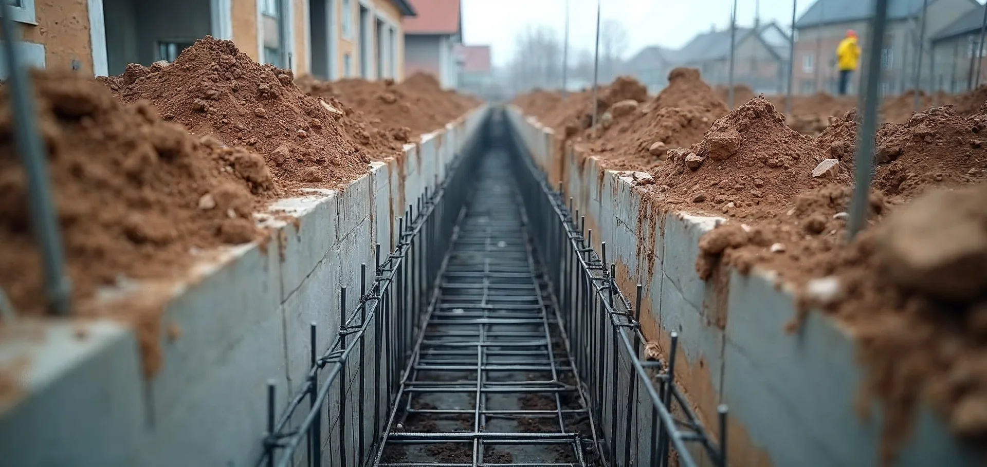 Zbrojenie w wykopie fundamentowym przed zalaniem betonem