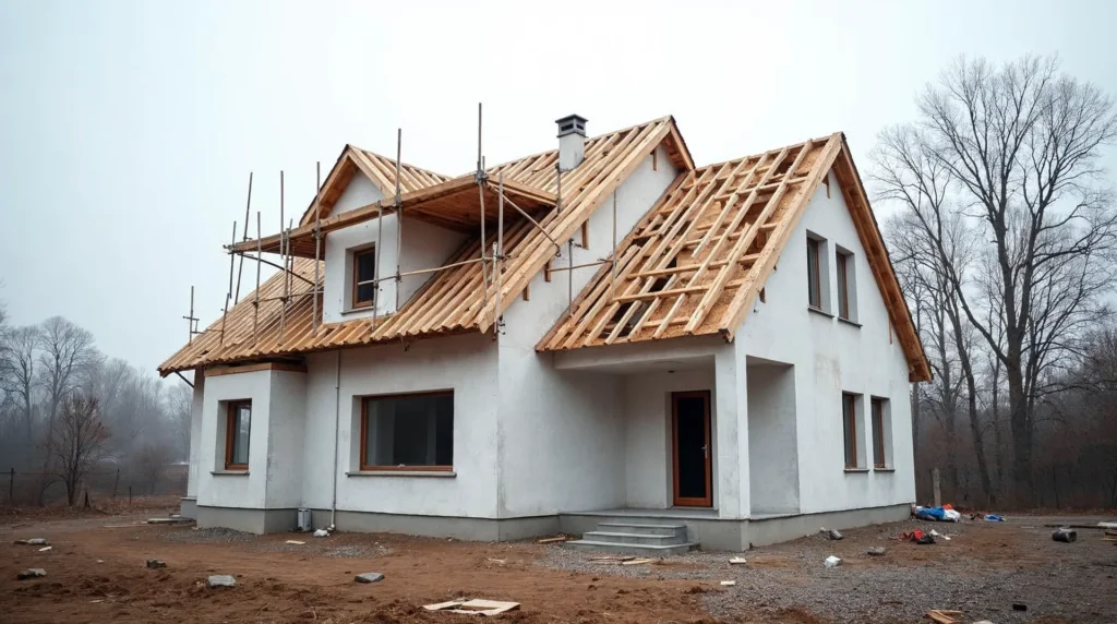 Dom jednorodzinny w budowie – ściany z białych bloczków betonu komórkowego i drewniana więźba dachowa