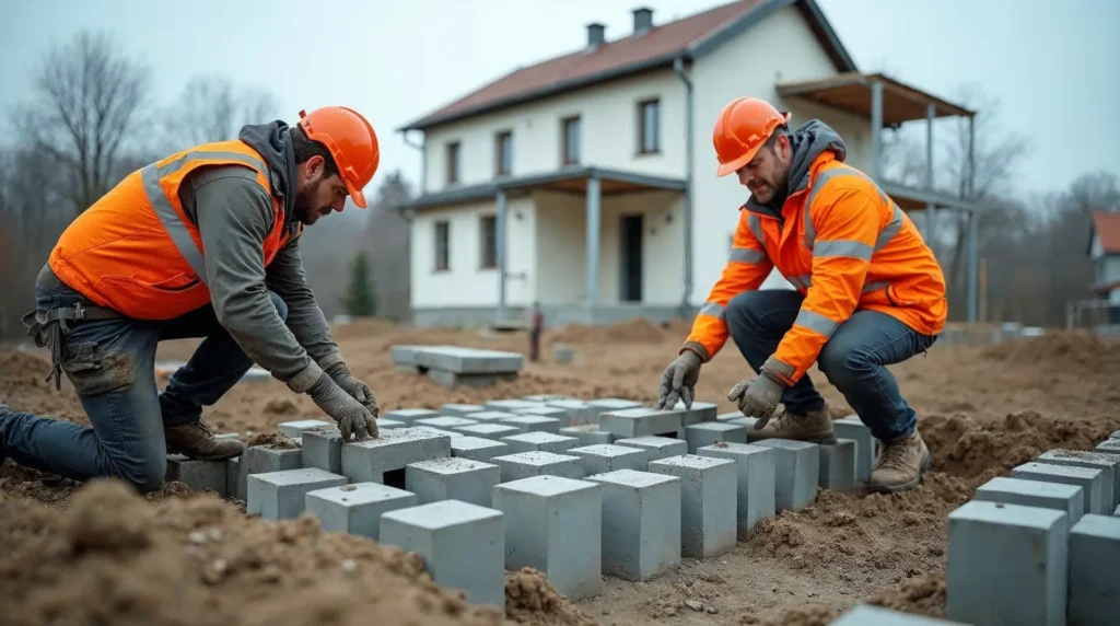 Dwóch murarzy układa bloczki Ytong na fundamencie domu jednorodzinnego na przedmieściach, w jasnym dziennym świetle