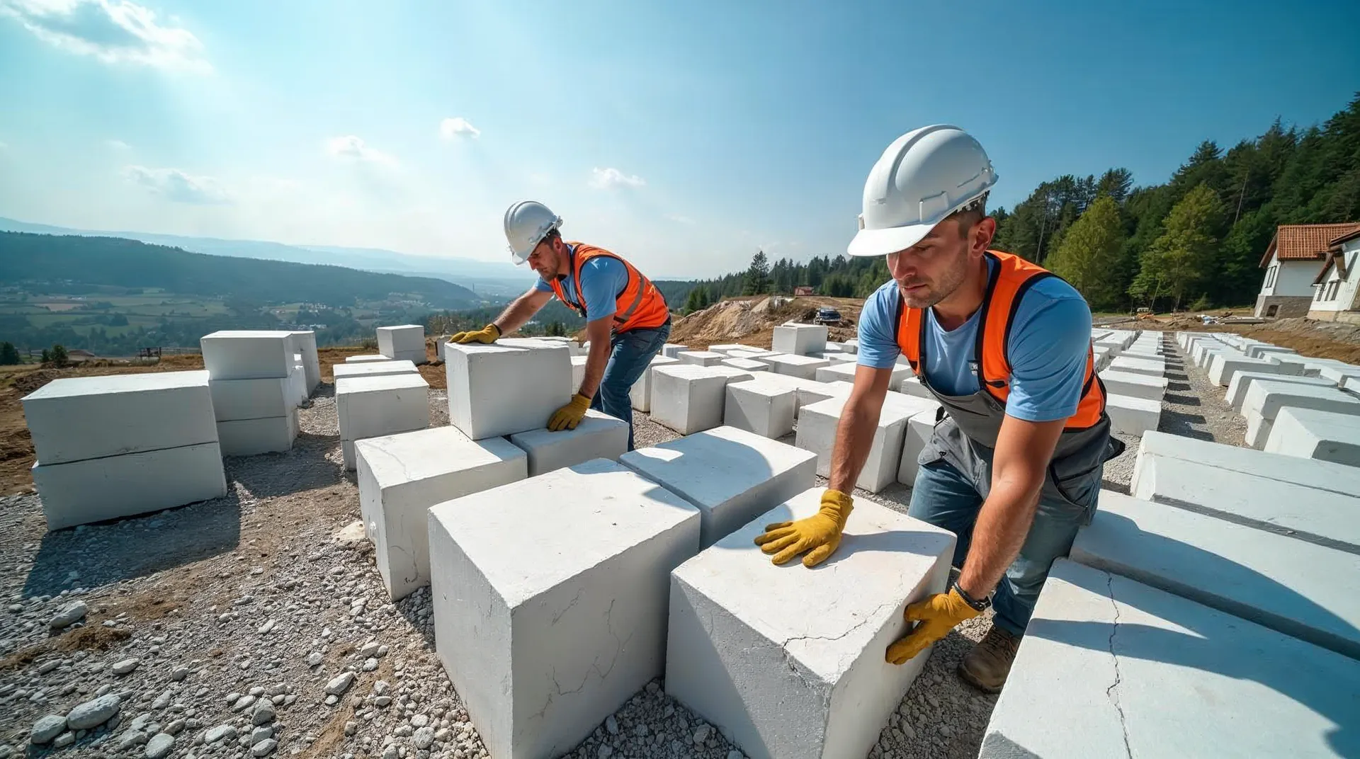Ekipa budowlana wznosi ściany z białych bloczków betonu komórkowego na placu budowy w słoneczny dzień.