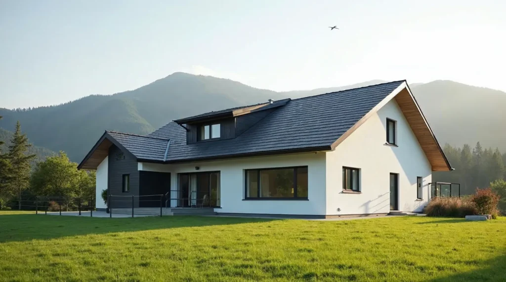 Home 5 Gotowy dom jednorodzinny z jasną elewacją i ciemnym dachem dwuspadowym, w tle wzgórza Beskidów