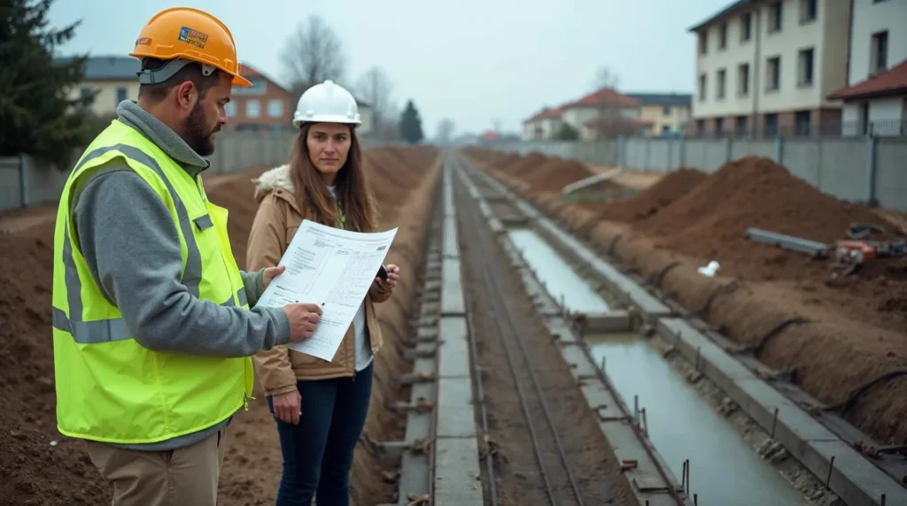Kierownik budowy omawia harmonogram przy świeżo wykonanych fundamentach z inwestorami.