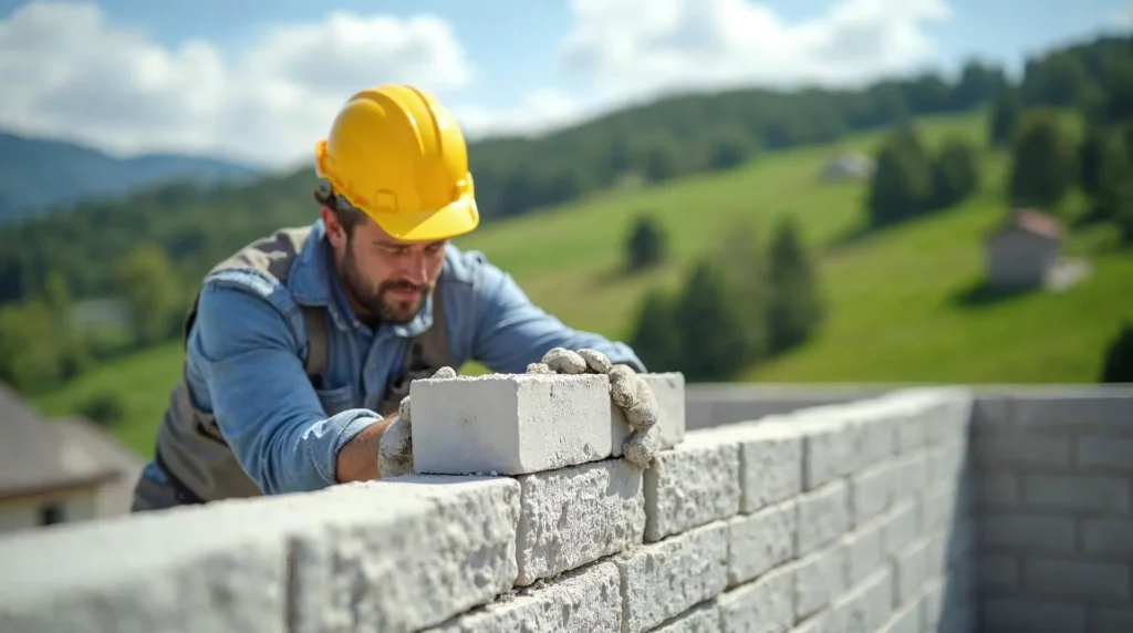 Mularz układa białe bloczki z betonu komórkowego Ytong na ścianie domu z widokiem na podgórski krajobraz.