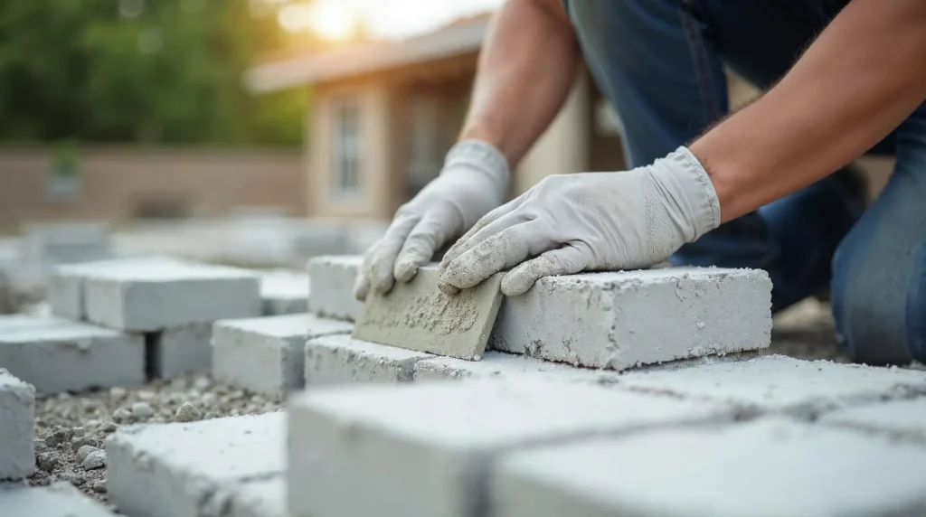 Murarz precyzyjnie układa bloczki z betonu komórkowego Ytong na cienkowarstwowej zaprawie klejowej