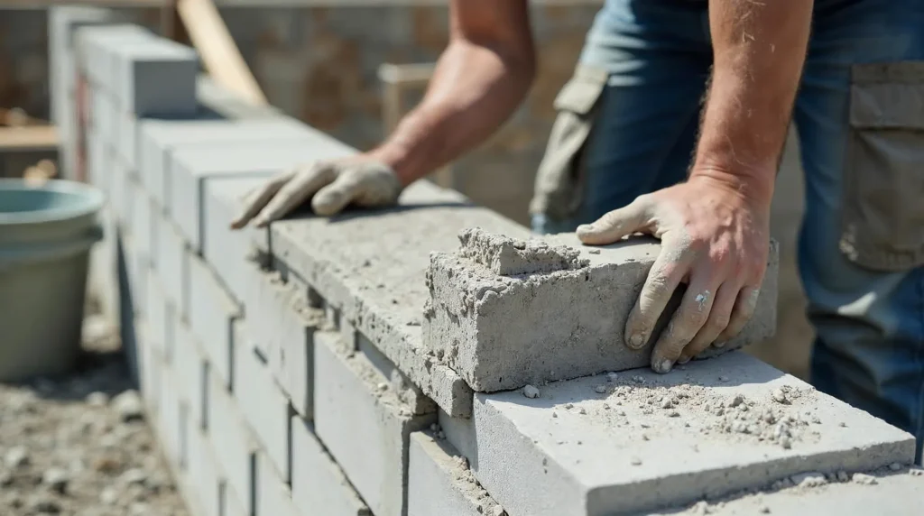 Murarz układa bloczek betonu komórkowego na cienką spoinę na ścianie zewnętrznej.