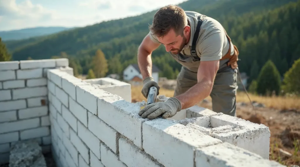 Budowa domu w Suchej Beskidzkiej – jak dobrze zaadaptować projekt do wymagającego terenu 2 Murarz układa bloczki betonu komórkowego na ścianie domu z widocznym lesistym wzgórzem w tle