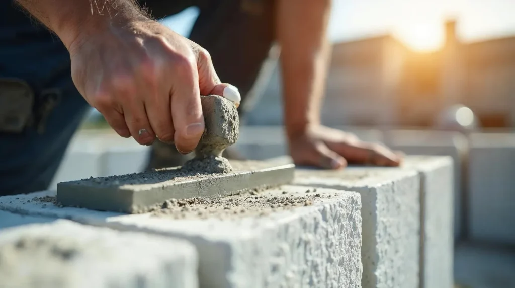 Pracownik budowlany nakłada zaprawę na bloczek z betonu komórkowego Ytong.